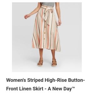 Striped High rise Midi Button-front Linen Skirt